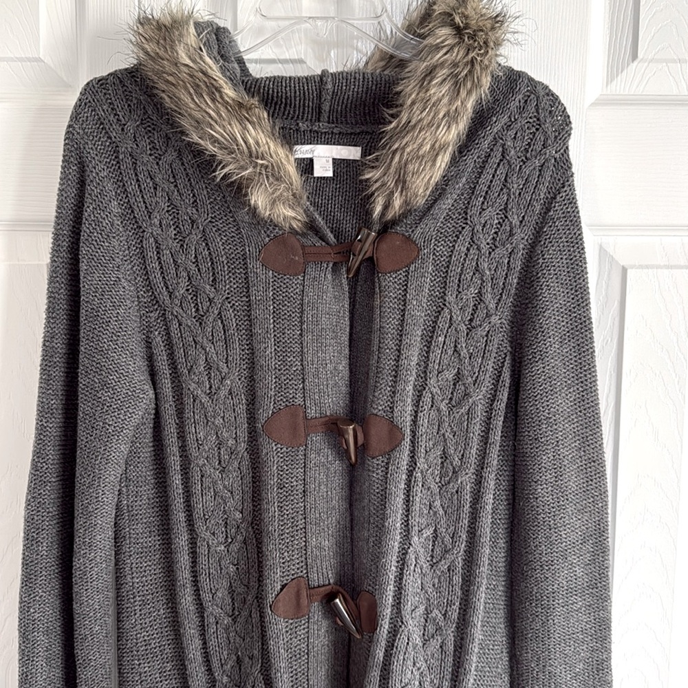 Vintage Old Navy Women's Dk. Gray Cable Knit Duster Cardigan w/Faux Fur - Size M